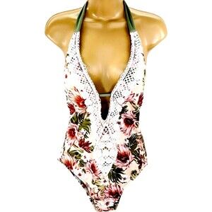 Kona Sol Swim Suit One Piece Crochet Floral Pink M Womens Halter Tie Plunge Sexy